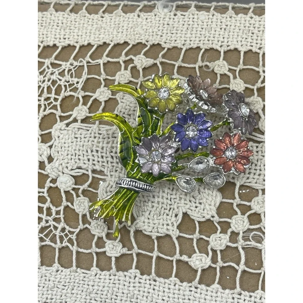 Vintage Silver Tone Multicolor Enamel Floral Bouquet Brooch
